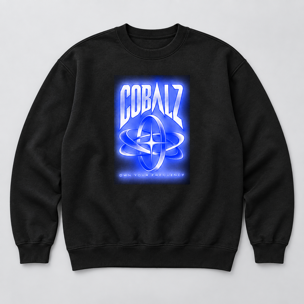 Signal Crewneck design concept: black sweatshirt with cobalt orbital artwork